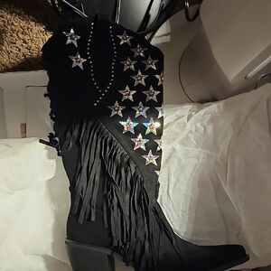 Star-Studded Black Fringe Heeled Boots